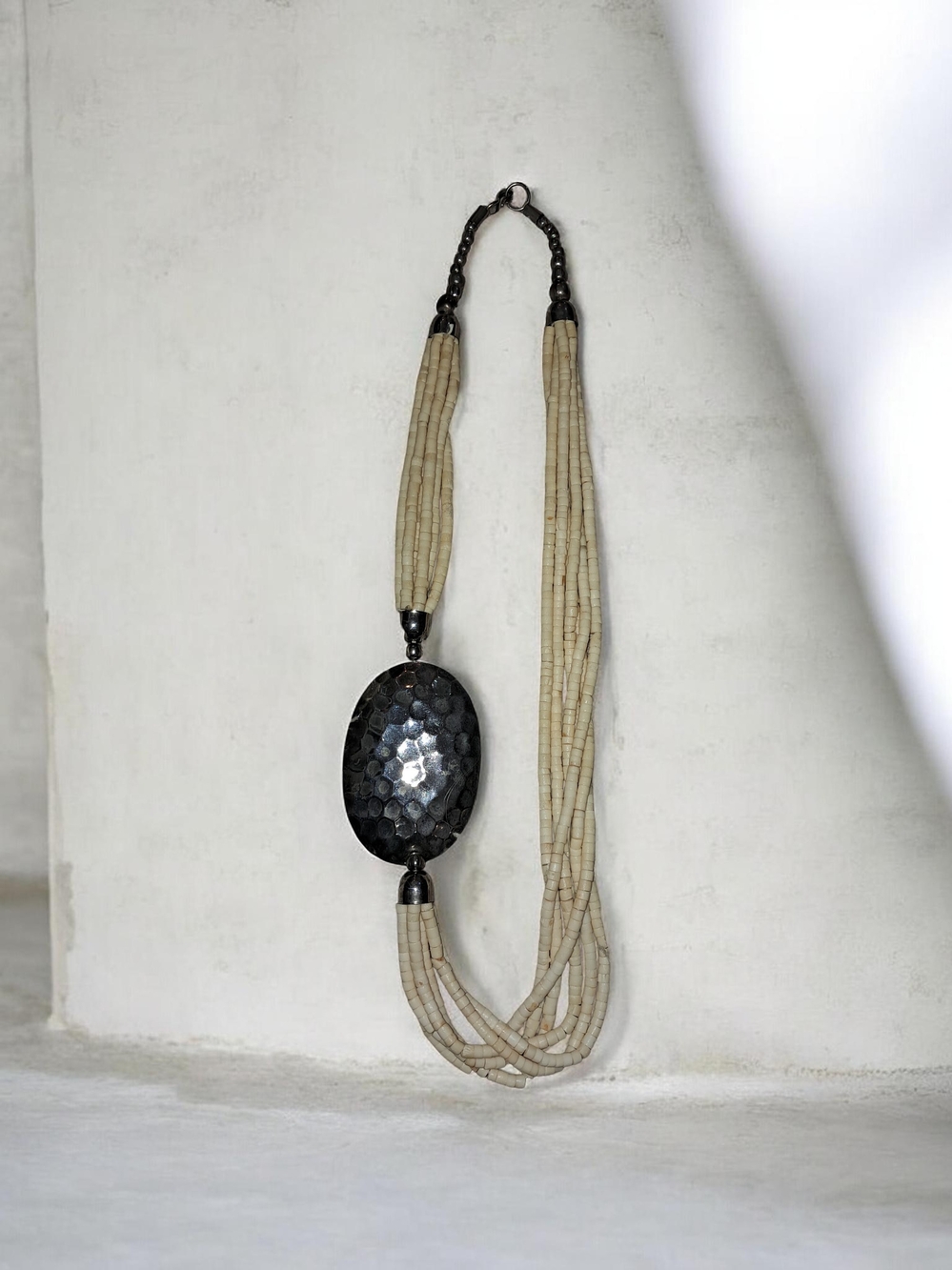 Vtg 1960s Ethnic Multistrand African Tribal Bone Hammered Metal Asymm Necklace 